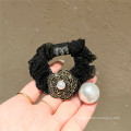 Korean Pearl 5 Black Lace Scrunchies Camellia Hair Tie Elastic Band Ring Cute Girl Ponytail Head Rope Rubber